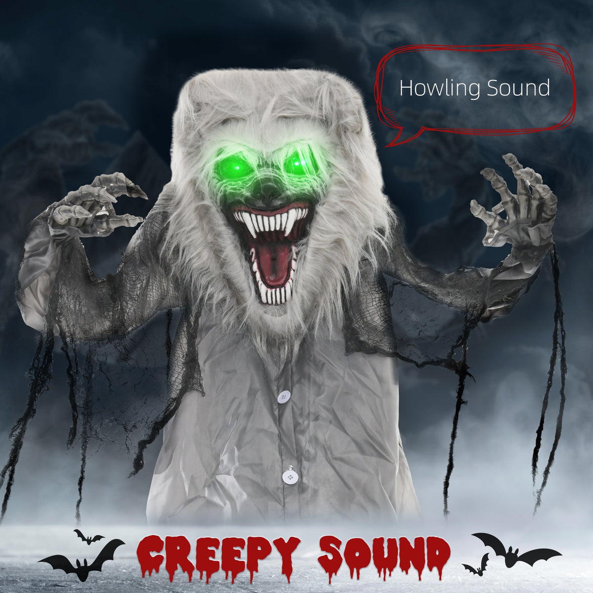 Werewolf Halloween animatronic with glowing eyes and open mouth, text says Howling Sound