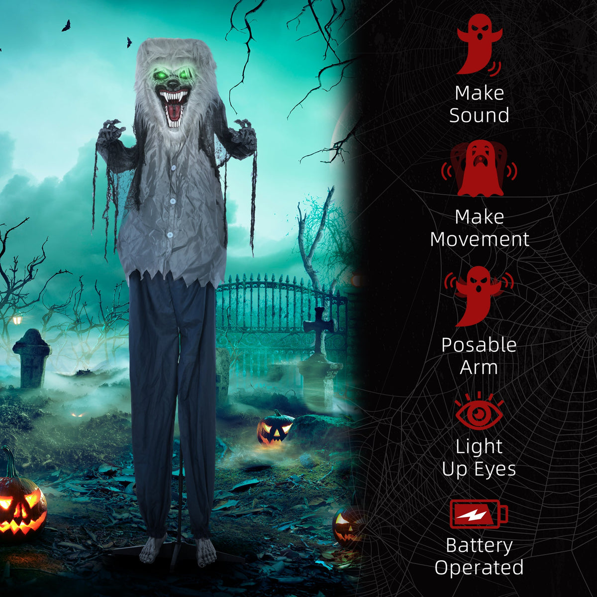 Halloween skeleton werewolf animatronic in a graveyard setting with text listing features