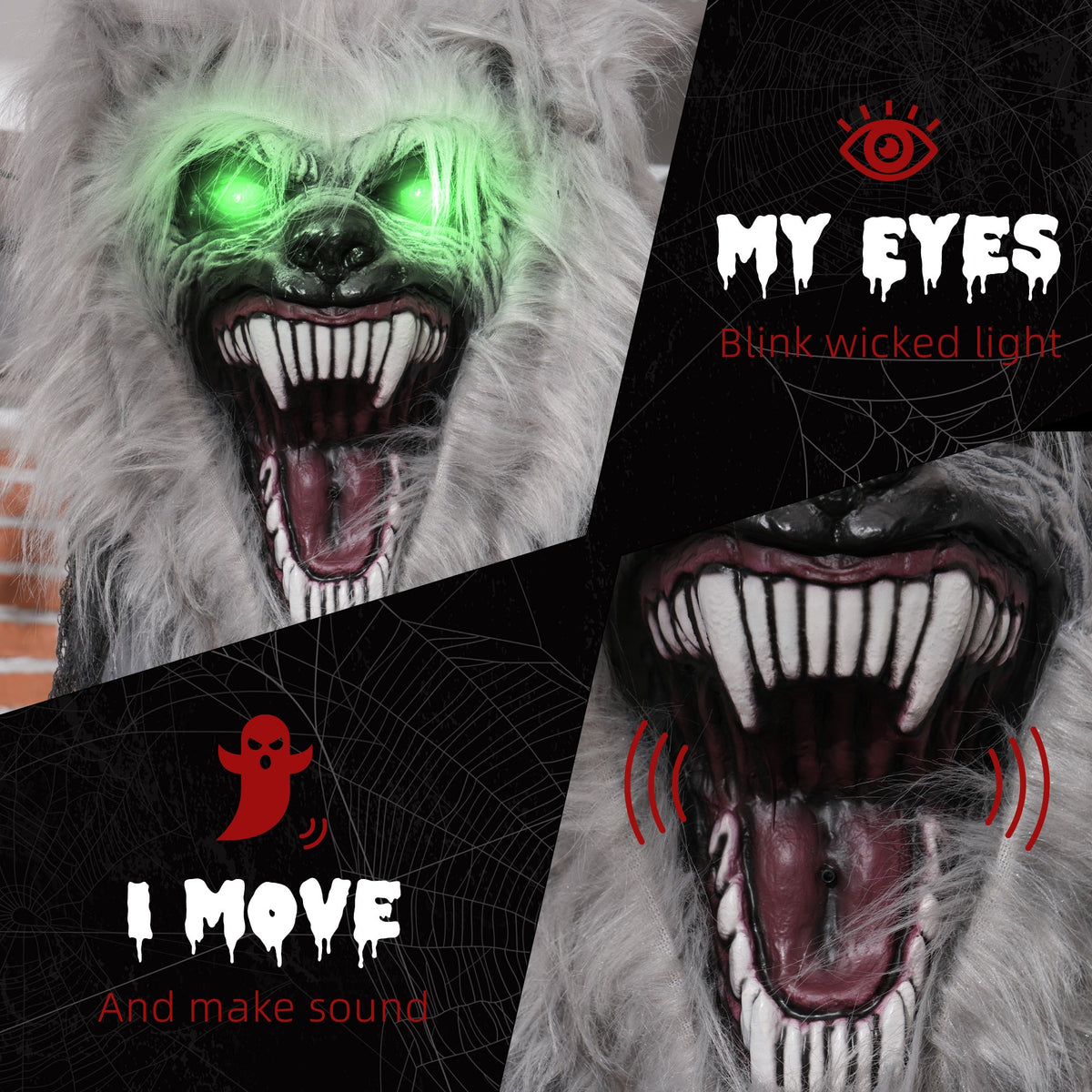 Close up of the werewolf animatronic's face and mouth, with text explaining features