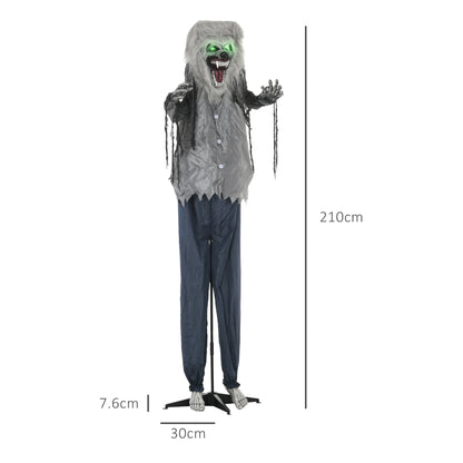 The Halloween skeleton werewolf animatronic with a size diagram showing height and width