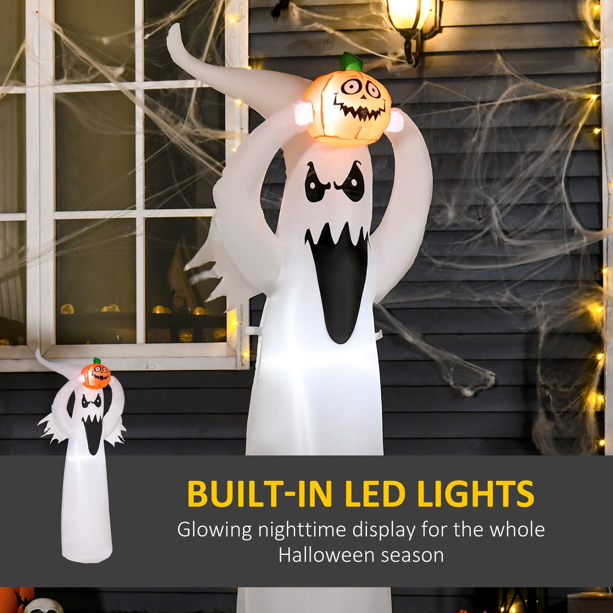 The Halloween inflatable decoration with text about built-in LED lights
