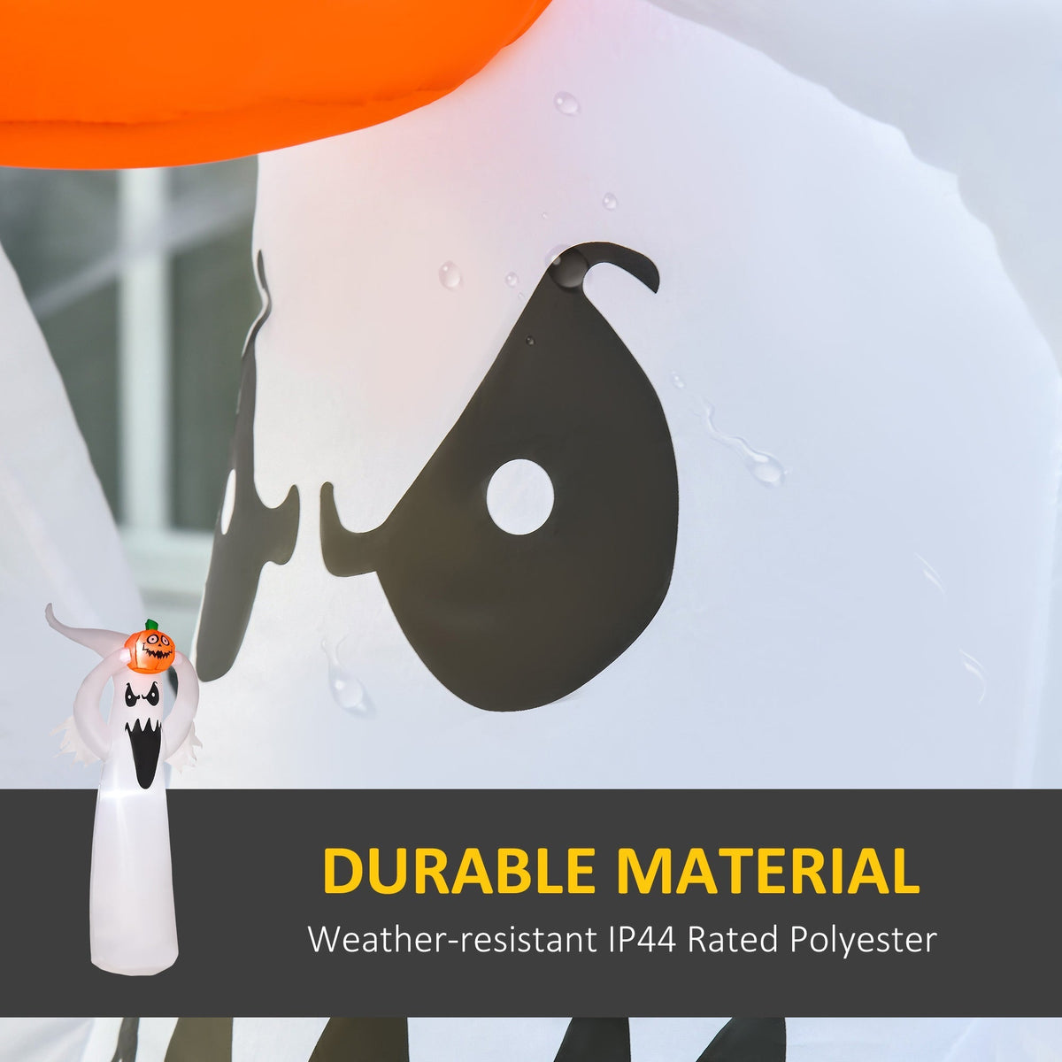 The Halloween inflatable decoration with text about durable material