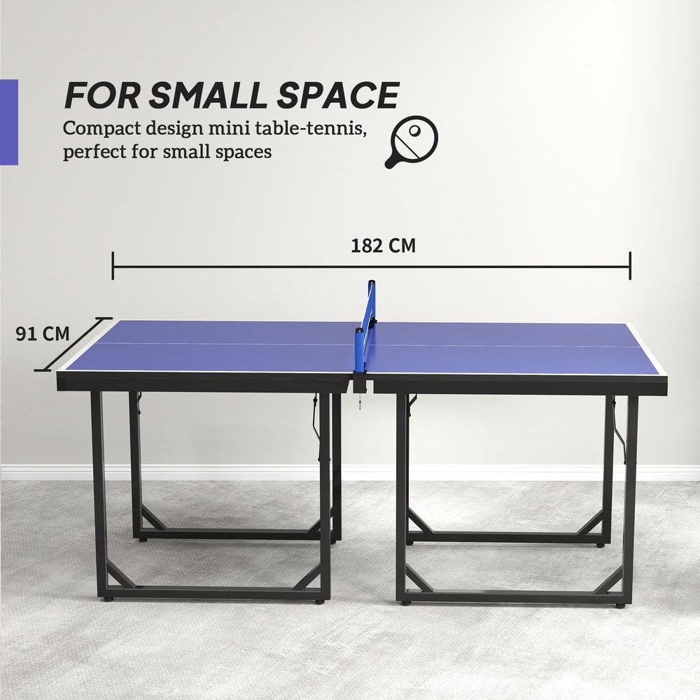 A blue table tennis table with dimensions shown, labelled for small spaces