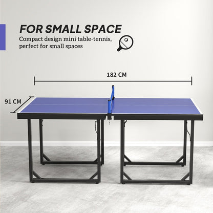 A blue table tennis table with dimensions shown, labelled for small spaces