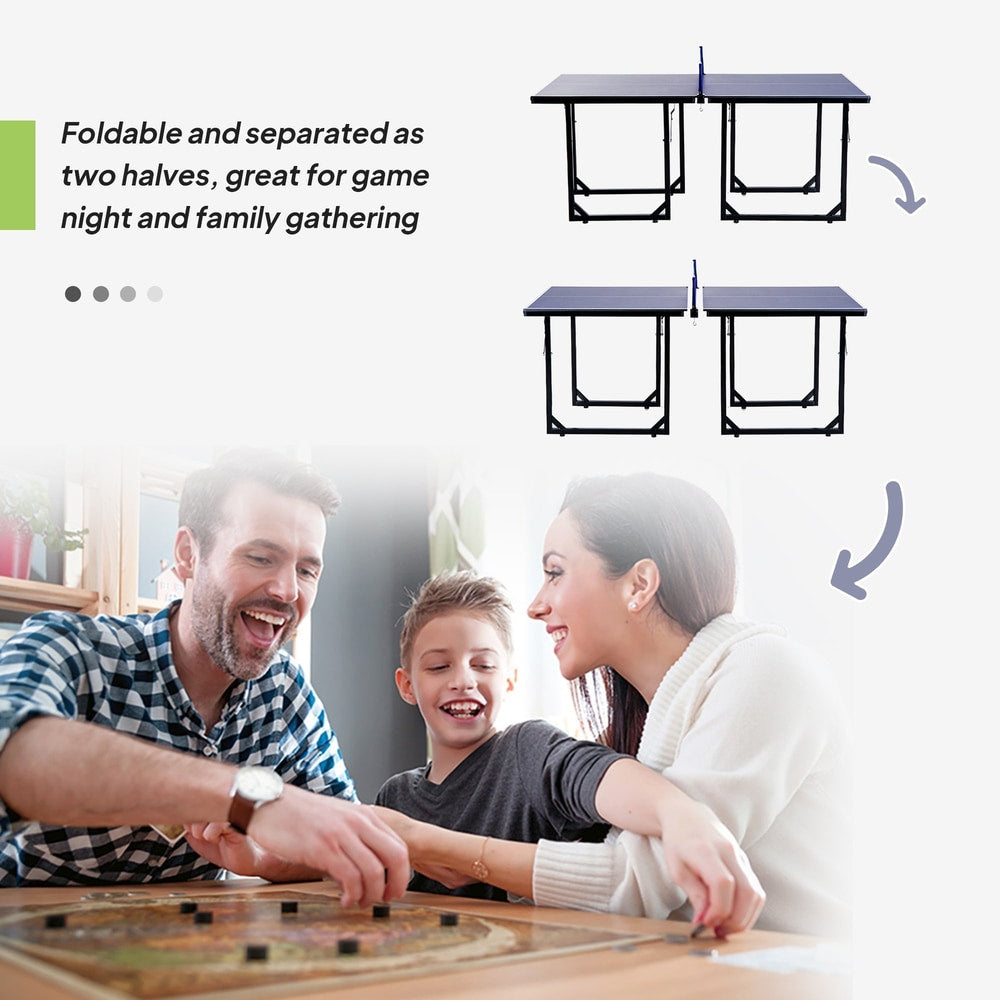 A family playing a board game at a table, with a graphic showing a folded table tennis table