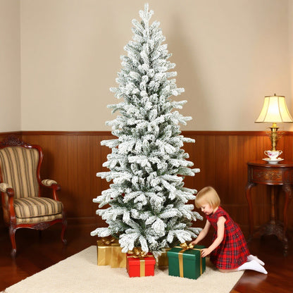 A little girl places a gift under the flocked artificial Christmas tree in a living room