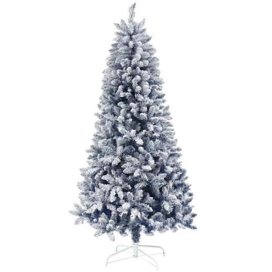 HOMCOM 6ft Flocked Artificial Christmas Tree with a white metal stand, against a white background