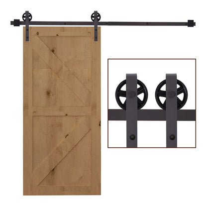 HOMCOM 6ft Modern Single Sliding Barn Door Track Kit Set with a wooden door and black hardware