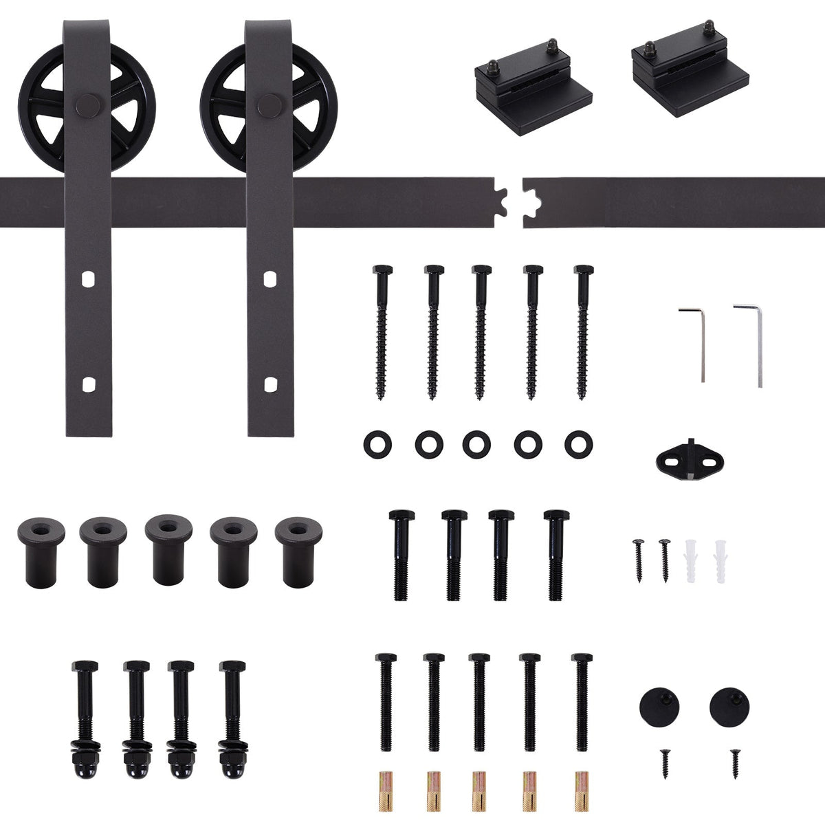 All the parts included in the sliding barn door track kit set laid out