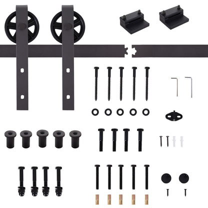 All the parts included in the sliding barn door track kit set laid out