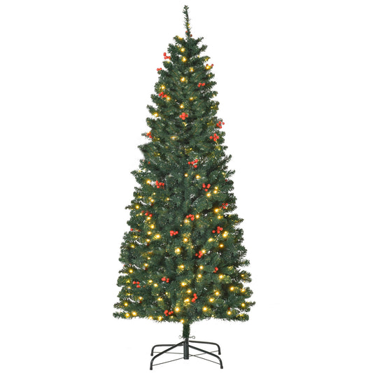 HOMCOM 6FT Prelit Artificial Pencil Christmas Tree with warm white LED lights and red berries