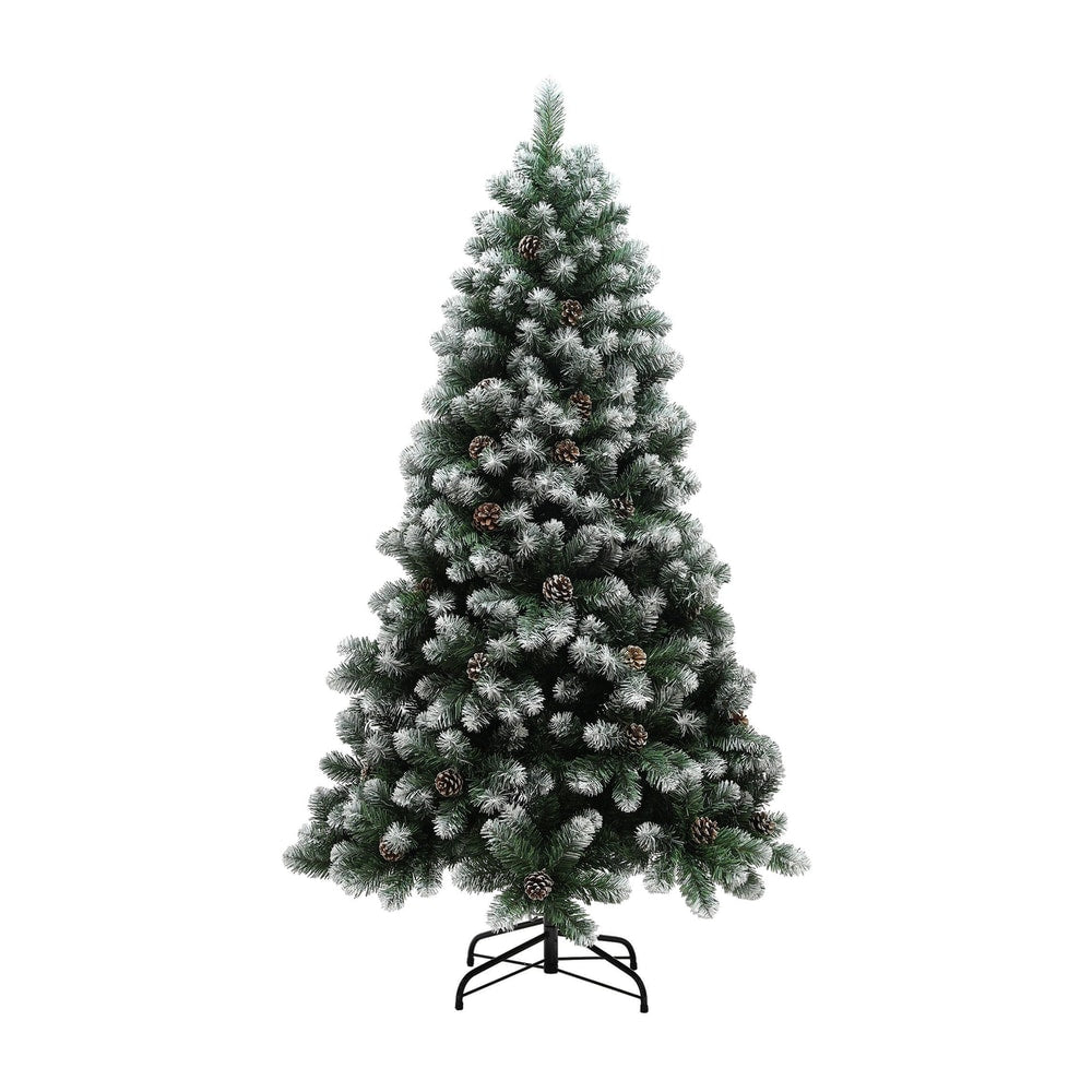 HOMCOM 6ft Snow-Dipped Artificial Pine Christmas Tree with pine cones and a metal stand