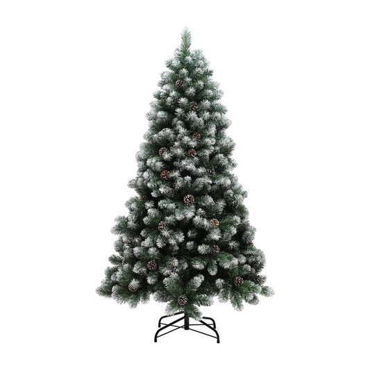HOMCOM 6ft Snow-Dipped Artificial Pine Christmas Tree with pine cones and a metal stand