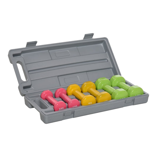 HOMCOM 6Kg Dumbbell Set in a grey carry case with pink, yellow and green weights inside