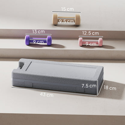 the workout equipment shown with dimension lines indicating the size of each item