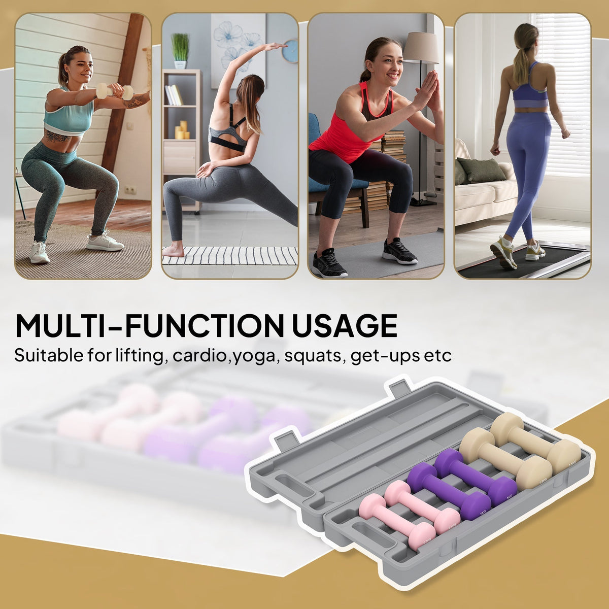 the exercise weights shown in a collage of various fitness activities and poses
