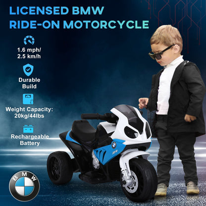 The ride-on car next to a child with text overlays highlighting product features