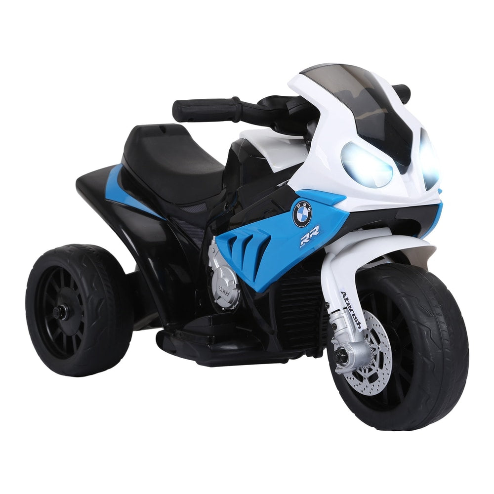 HOMCOM Electric Motorbike in blue and white with illuminated headlights on a white background