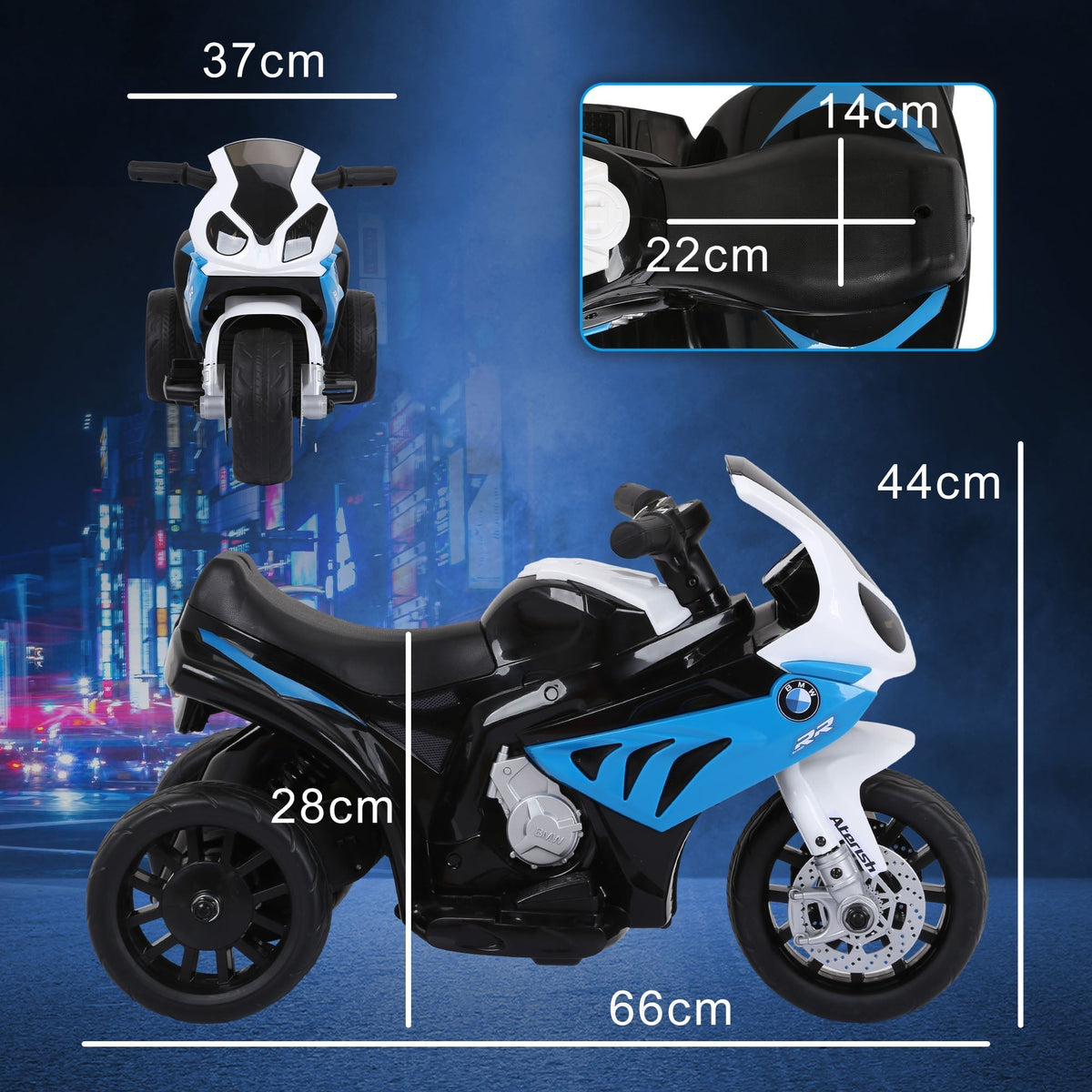The ride-on car showing various dimensions with white lines and text on a dark background