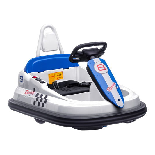 HOMCOM 6V Electric Kids Bumper Car in white with blue and black accents, featuring a seat and steering wheel