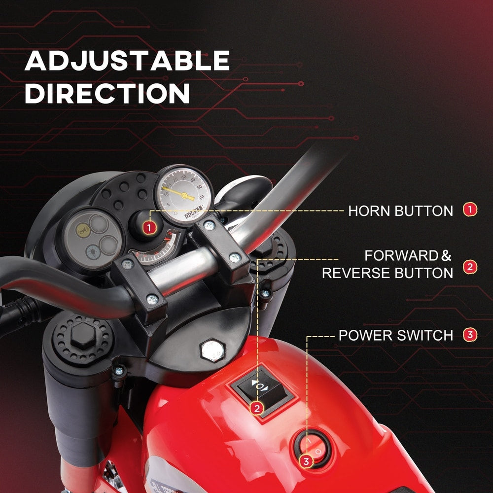 Close up of the handlebar controls on the red kids electric motorbike, showing buttons and dials