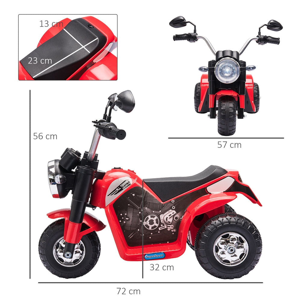 Red kids electric motorbike with dimensions shown for height, width, and seat depth
