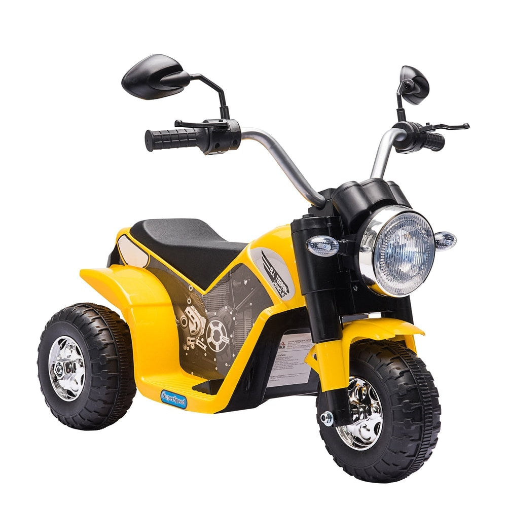 HOMCOM 6V Kids Electric Motorbike 3 Wheels Ride On Toy in yellow with a large headlight and mirrors