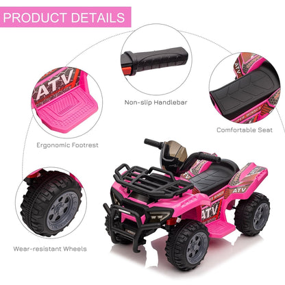 Close up details of the pink kids electric quad bike including handlebars and wheels