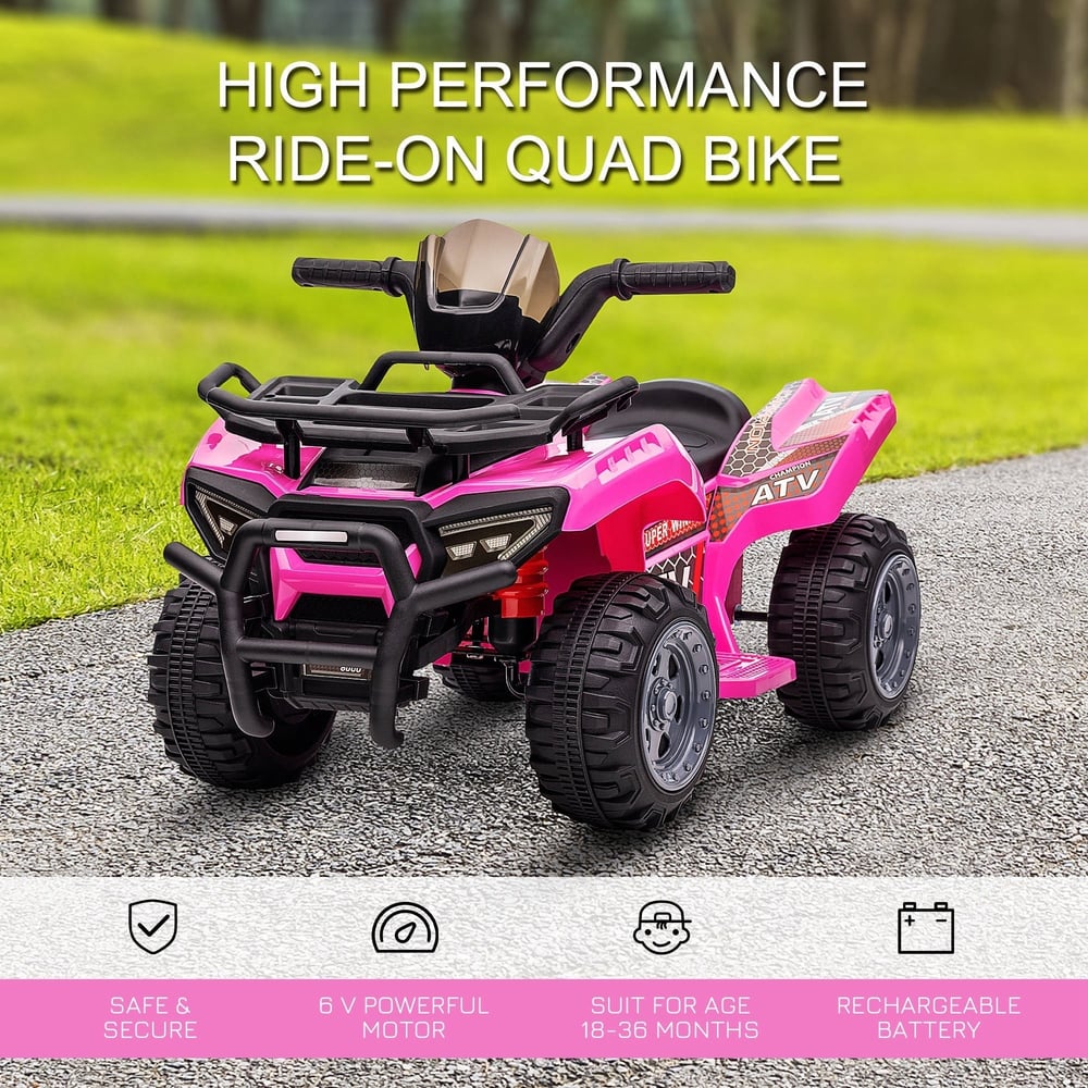 Pink kids electric quad bike with text highlighting safety and features