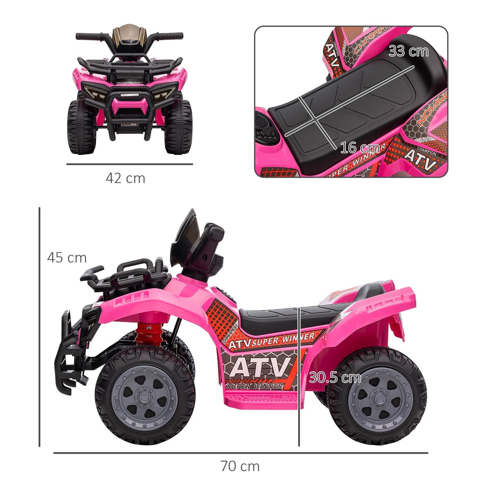 Side and top views of the pink kids electric quad bike with dimensions shown
