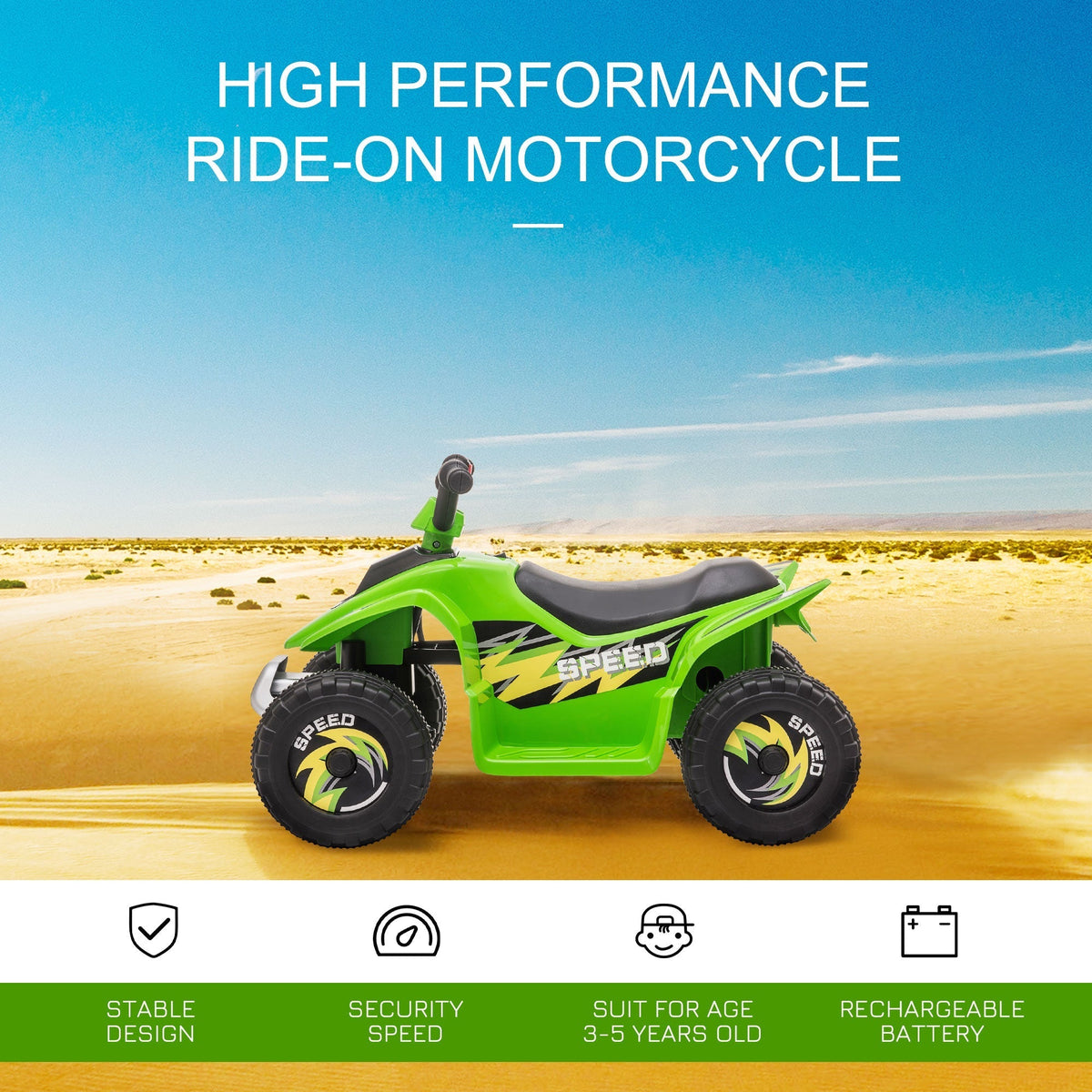The green kids electric quad bike is shown in a desert landscape with icons for features