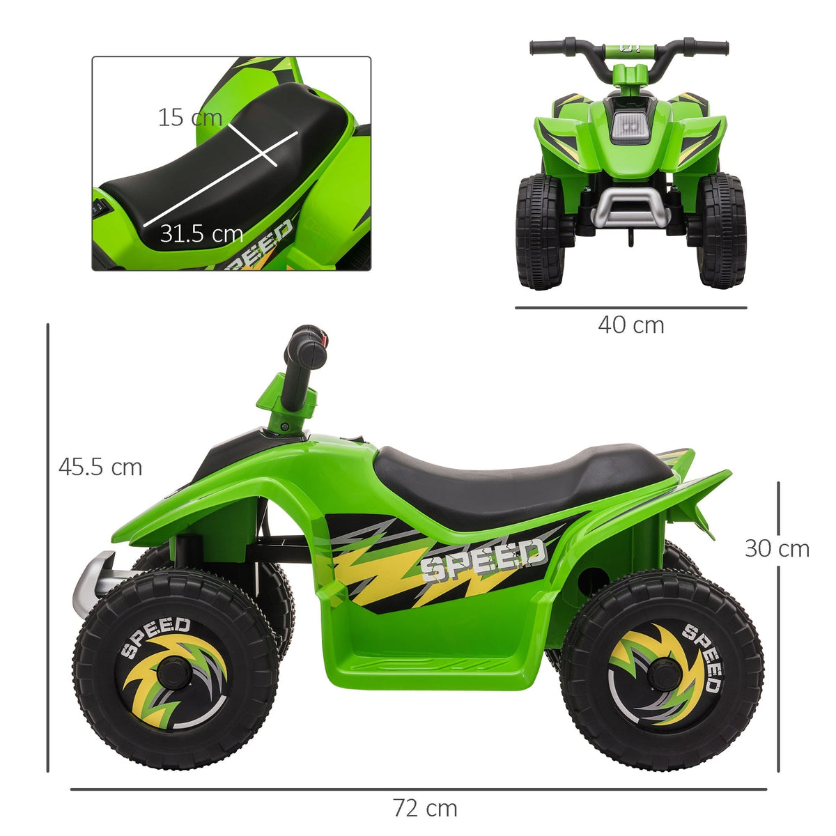 Side and front views of the green kids electric quad bike with dimensions shown