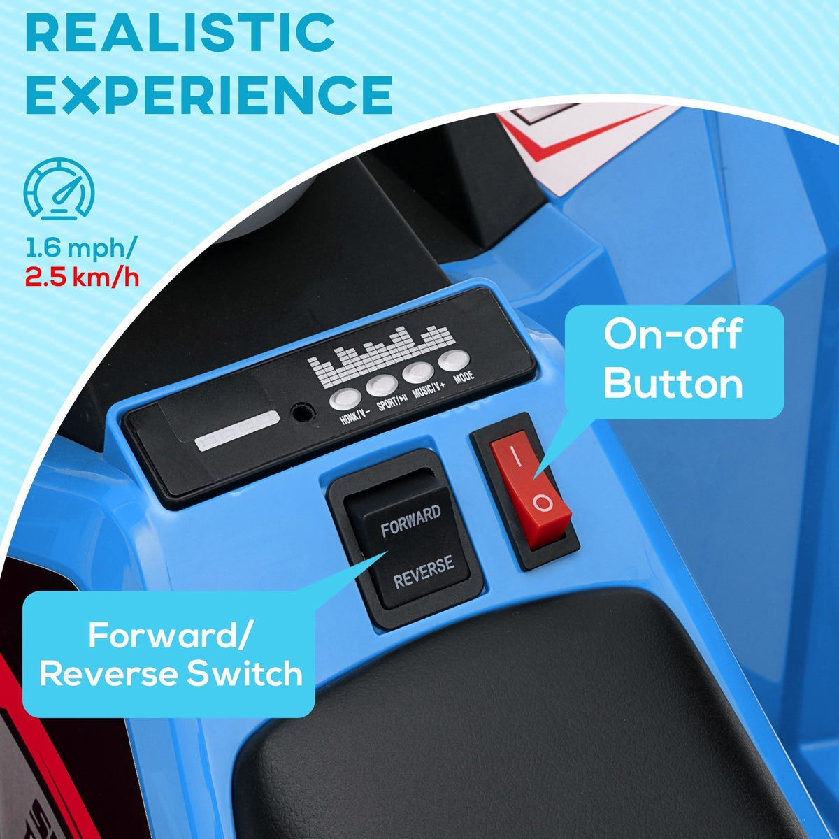 Close up of the controls on the blue kids electric quad bike, showing switches