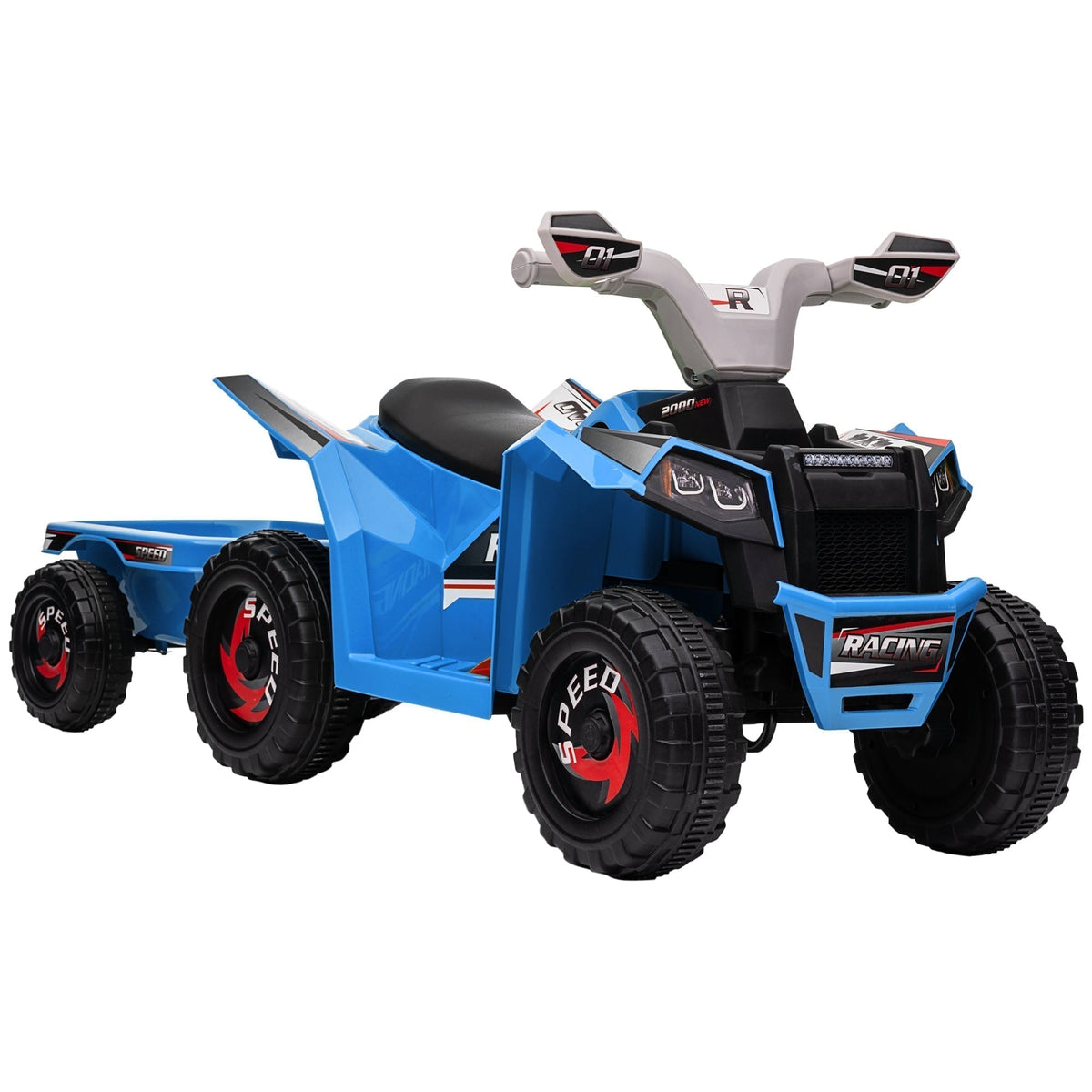 HOMCOM 6V Quad Bike with Back Trailer, a blue ride-on toy with a trailer attached