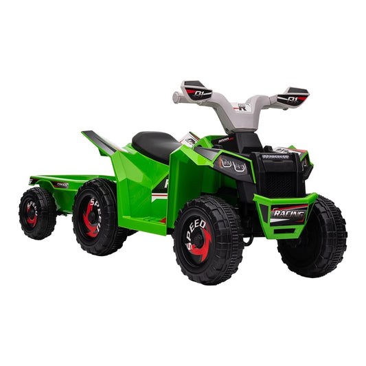 HOMCOM 6V Quad Bike with Back Trailer, a green ride-on toy with a trailer attached, shown from the front