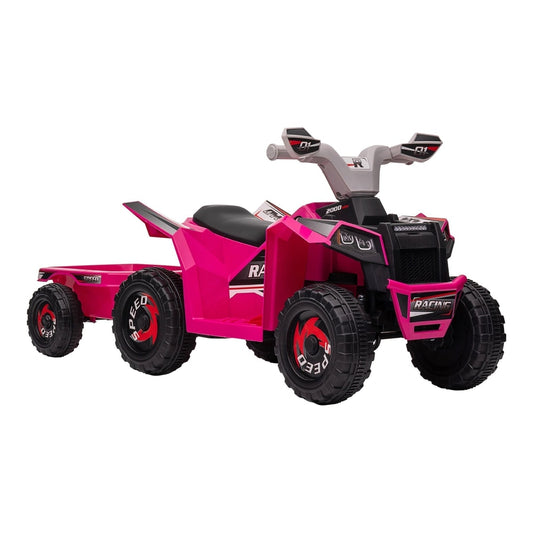 HOMCOM 6V Quad Bike with Back Trailer, a pink kids electric quad bike with a trailer attached, shown from the side