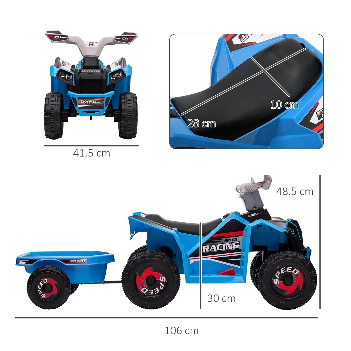 Blue kids electric quad bike with trailer, showing dimensions and seat detail