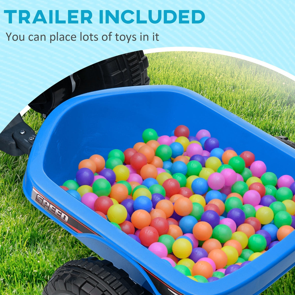 The blue trailer of the kids electric quad bike filled with colourful play balls