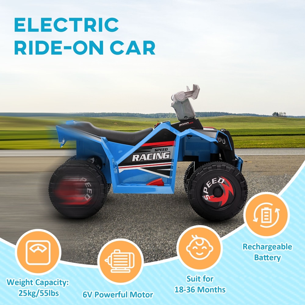 the blue kids quad bike on a road with icons showing its key features