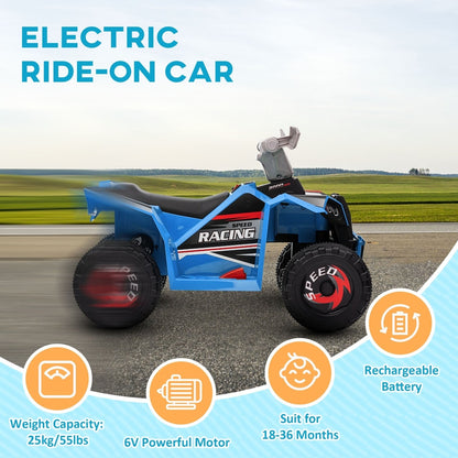 the blue kids quad bike on a road with icons showing its key features
