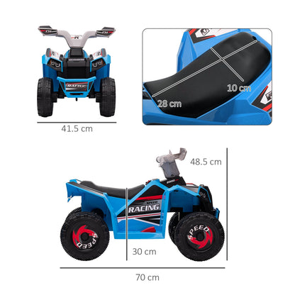 the blue kids quad bike shown from different angles with measurement lines