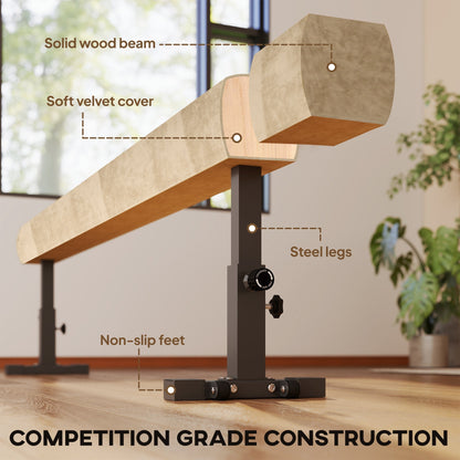 The balance beam with labels pointing to the wooden core and velvet cover construction
