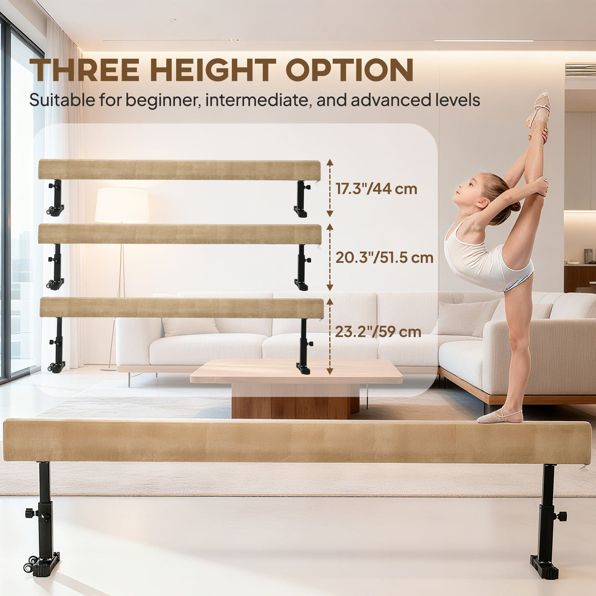 The balance beam shown at three different height levels with a gymnast posing nearby