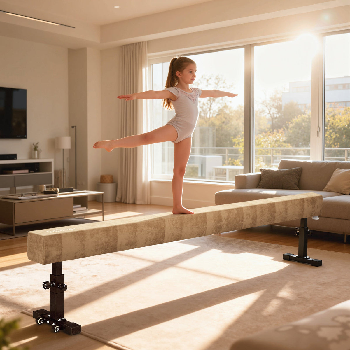 The balance beam being used by a young girl practising gymnastics in a bright living room