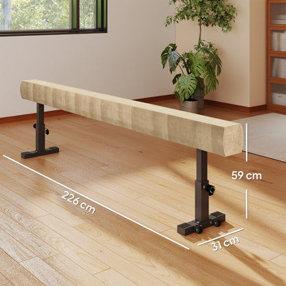 The balance beam placed on a wooden floor with white lines indicating its dimensions
