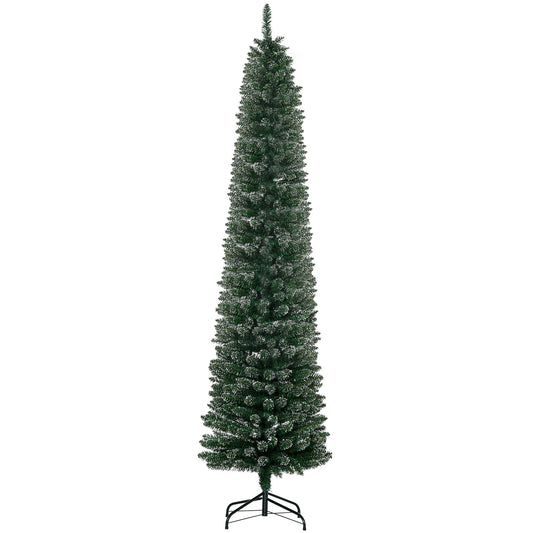 HOMCOM 7.5FT Artificial Snow Dipped Christmas Tree, a tall green pencil tree with a black stand and snow-dusted branches
