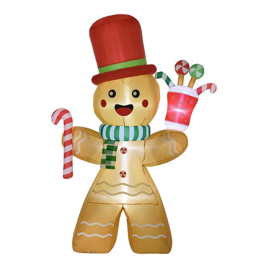 HOMCOM 7.5ft Christmas Inflatable Gingerbread Man with Candy Cane standing tall with a red hat and scarf