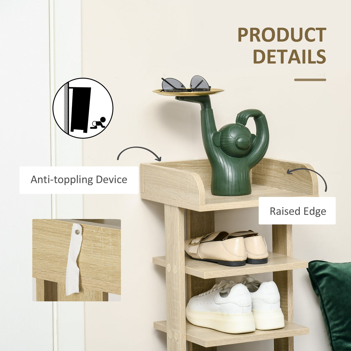 Close up of the shoe storage cabinet showing the raised edge and anti-toppling device