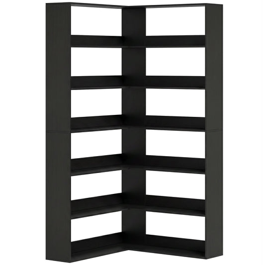 HOMCOM 7 Tiers Bookshelf, a black wood effect L-shaped corner bookcase against a white background