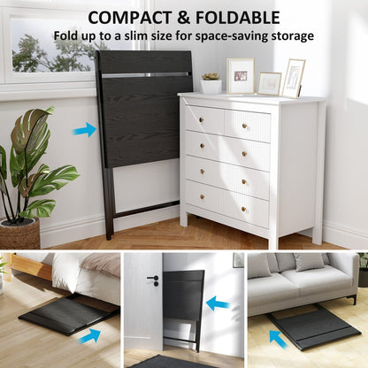 The black folding computer desk is shown folded flat for compact storage